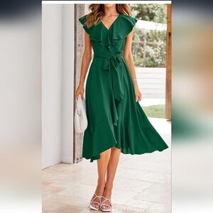 Sleeveless Solid Ruffle Trim Belted Wrap Dress